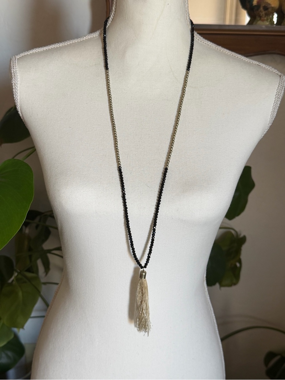 Vintage Black Faucet Cut Glass Beads Long Beaded Gold Tassel